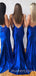 Royal Blue Satin Spaghetti Straps V Neck Mermaid Long Evening Prom Dresses, Cheap Custom Prom Dresses, MR7995