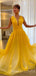 Deep V-neck Yellow Tulle A-line Long Evening Prom Dresses, MR7998