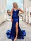 Royal Sequin Mermaid Spaghetti Straps Long Evening Prom Dresses, Cheap Custom Prom Dresses, MR7999
