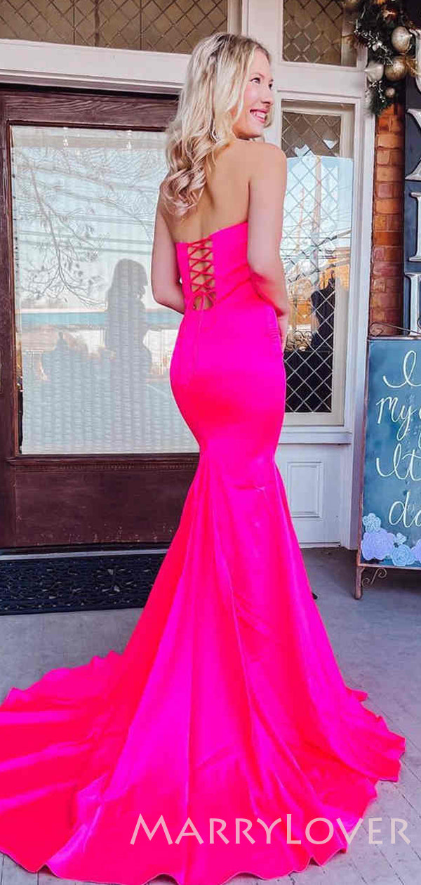 Hot Pink Satin Mermaid Long Strapless Evening Prom Dresses, Cheap Cust MarryLover Hot Pink Satin Mermaid Long Strapless Evening Prom Dresses, Cheap Cust MarryLover