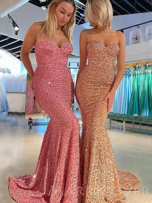 Pink/Gold Sequin Mermaid Strapless Long Sweetheart Evening Prom Dresses, Cheap Custom Prom Dresses, MR8008 Pink/Gold Sequin Mermaid Strapless Long Sweetheart Evening Prom Dresses, Cheap Custom Prom Dresses, MR8008