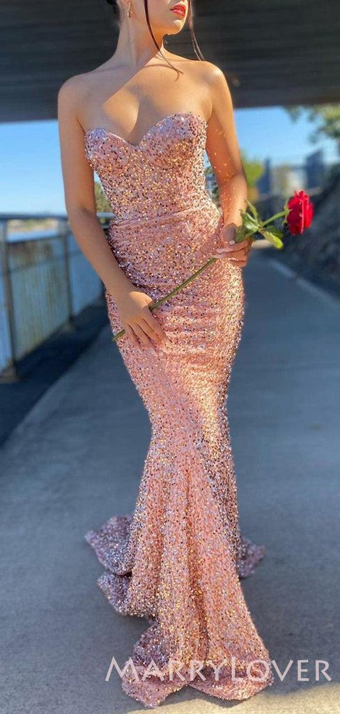 Pink/Gold Sequin Mermaid Strapless Long Sweetheart Evening Prom Dresses, Cheap Custom Prom Dresses, MR8008