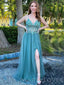 See Through Tulle Beaded Spaghetti Straps Long Evening Prom Dresses, MR8011