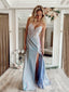 Mermaid Blue Sparkly Appliques Spaghetti Straps Long Evening Prom Dresses, MR8012