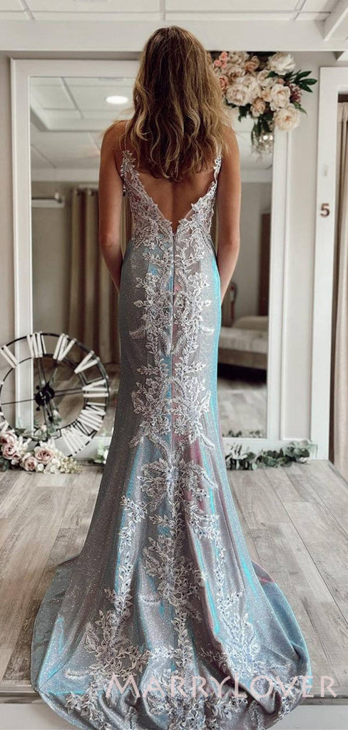 Mermaid Blue Sparkly Appliques Spaghetti Straps Long Evening Prom Dresses, MR8012