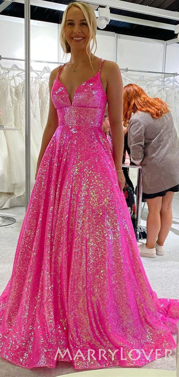 Hot Pink Sequin Sparkly A-line Long Halter Evening Prom Dresses, MR8020 Hot Pink Sequin Sparkly A-line Long Halter Evening Prom Dresses, MR8020