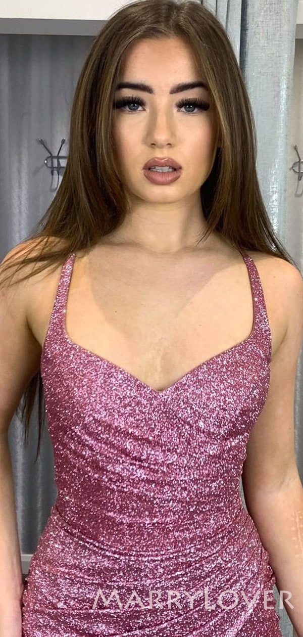 Pink Sequin Mermaid V-neck Spaghetti Straps Long Evening Prom Dresses, MarryLover Pink Sequin Mermaid V-neck Spaghetti Straps Long Evening Prom Dresses, MarryLover