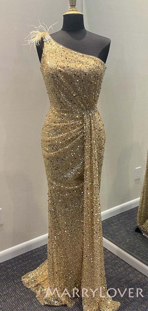 One Shoulder Gold Sequin Sparkly Mermaid Long Evening Prom Dresses, MR8029