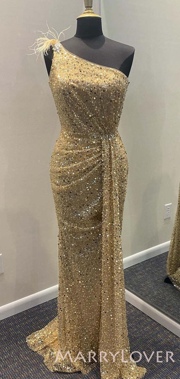 One Shoulder Gold Sequin Sparkly Mermaid Long Evening Prom Dresses, MR MarryLover One Shoulder Gold Sequin Sparkly Mermaid Long Evening Prom Dresses, MR MarryLover