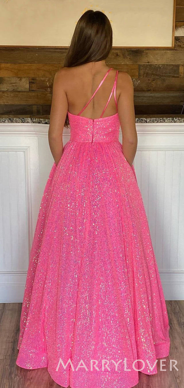 hot pink sequin prom dress One Shoulder Hot Pink Sequin Sparkly A-line Long Evening Prom Dresses, – MarryLover