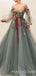 Off Shoulder Grey Tulle A-line Long Sleeves Long Evening Prom Dresses, Cheap Custom Prom Dress, MR8038