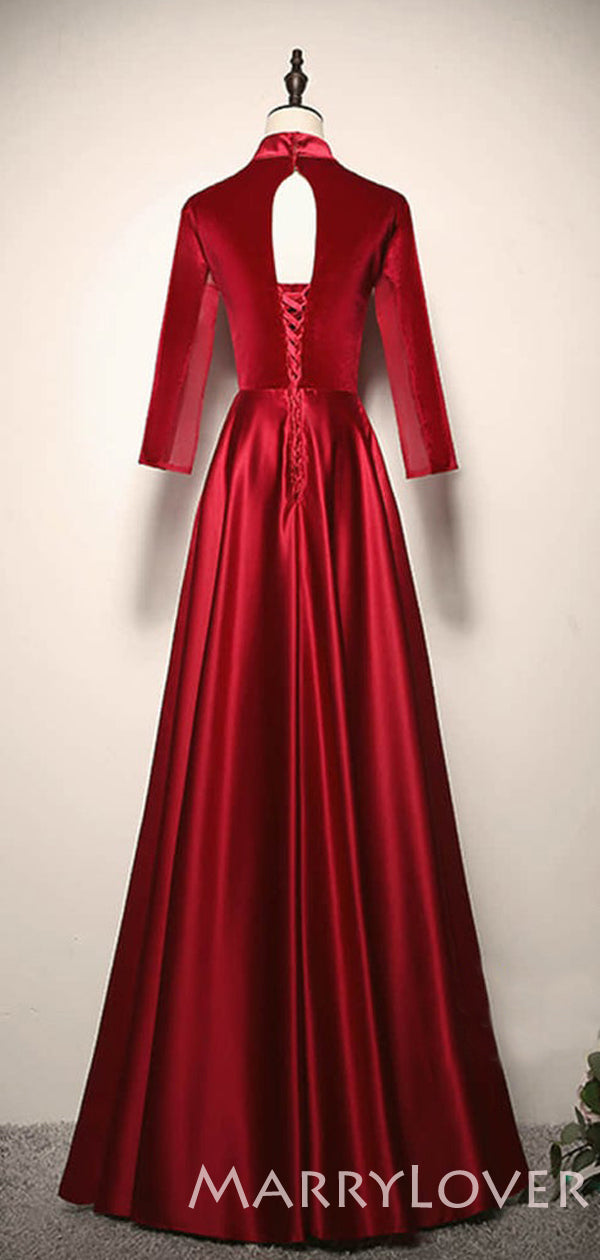 Deep V-ncek Burgundy Satin Long Sleeves Long Evening Prom Dresses, Che MarryLover Deep V-ncek Burgundy Satin Long Sleeves Long Evening Prom Dresses, Che MarryLover