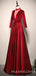 Deep V-ncek Burgundy Satin Long Sleeves Long Evening Prom Dresses, Cheap Custom Prom Dress, MR8043