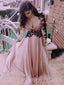 Long Sleeves Dusty Pink Chiffon Lace Long A-line Prom Dresses, MR8048