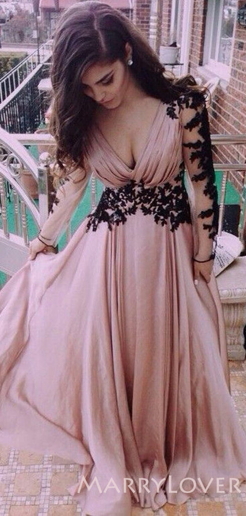 Long Sleeves Dusty Pink Chiffon Lace Long A-line Prom Dresses, MR8048