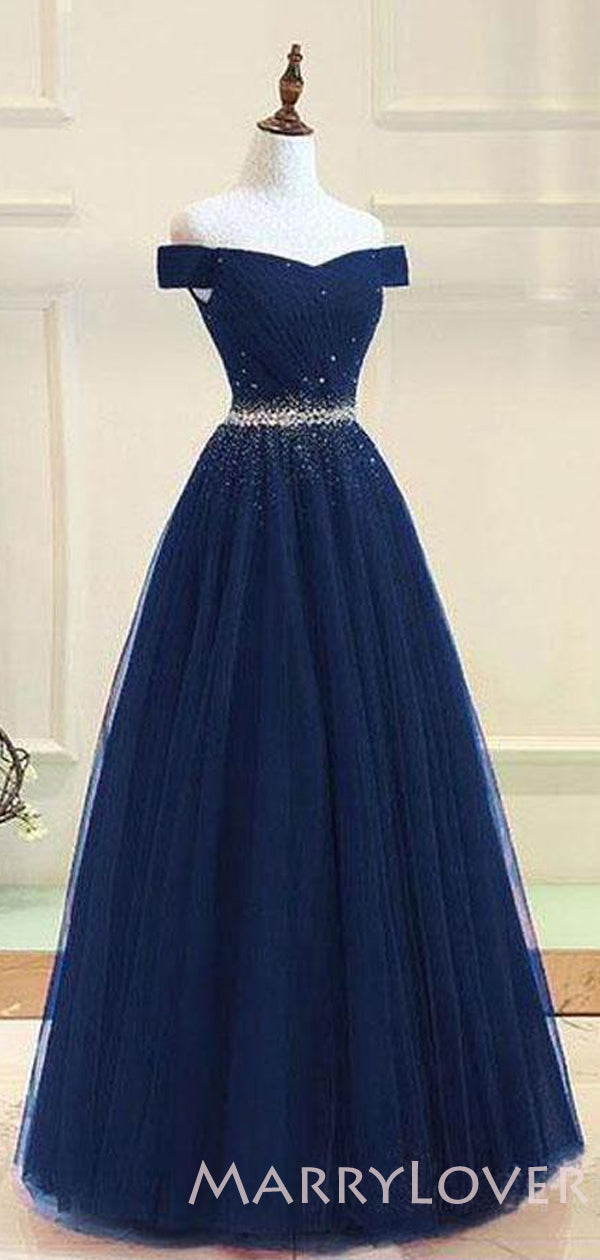 Off Shoulder Navy Blue Tulle Beaded Long Evening Prom Dresses, Cheap C ...