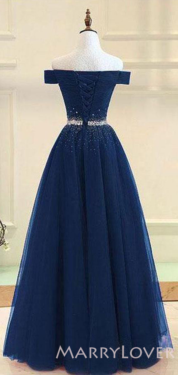 Off Shoulder Navy Blue Tulle Beaded Long Evening Prom Dresses, Cheap C ...