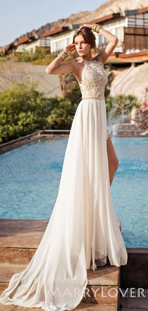 A-line White Chiffon Halter High Slit Long Prom Dresses, wedding Dresses, MR8057 A-line White Chiffon Halter High Slit Long Prom Dresses, wedding Dresses, MR8057