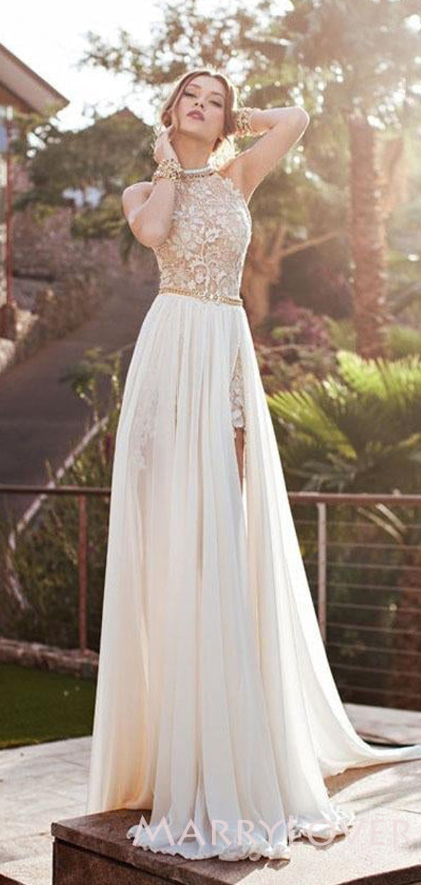 A-line White Chiffon Halter High Slit Long Prom Dresses, wedding Dress – MarryLover