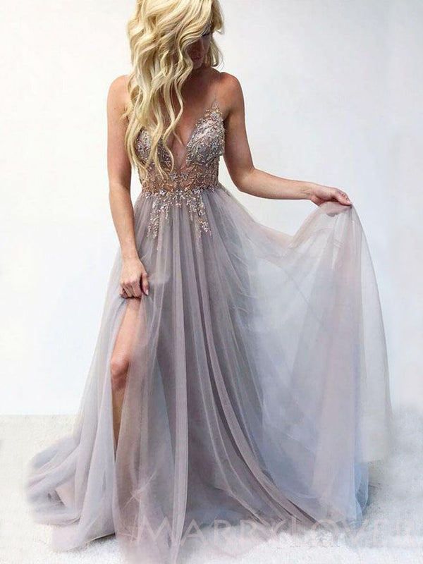A-line See Through Tulle Beaded Long Spaghetti Straps Evening Prom Dre – MarryLover