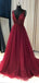 A-line Burgundy Tulle Beaded Long Evening Prom Dresses, MR8087
