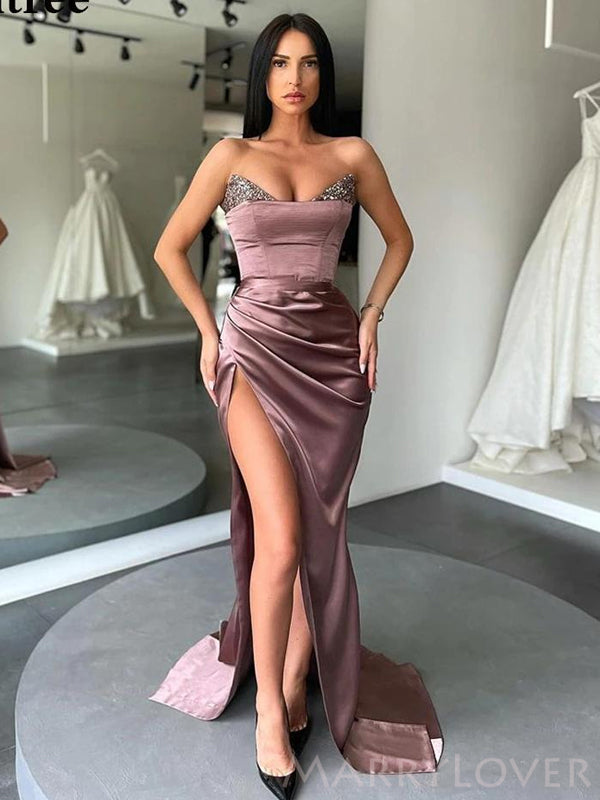 dusty purple dress Spaghetti Hi-low Prom Dresses, Unique Long Prom Dresses, SofieBridal Side slit detail Suzhoufashion Metallic Dusty Purple Wedding