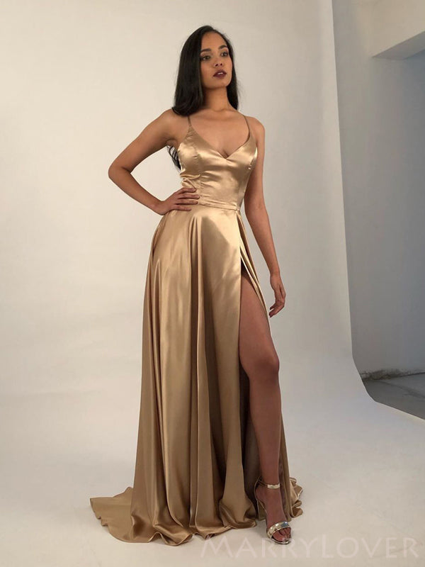 A-line Gold Satin Spaghetti Straps Long Evening Prom Dresses, MR8090