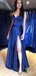 A-line Gold Satin Spaghetti Straps Long Evening Prom Dresses, MR8090
