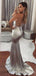 Mermaid Silver Satin Sequin Long Backless Evening Prom Dresses, MR8095