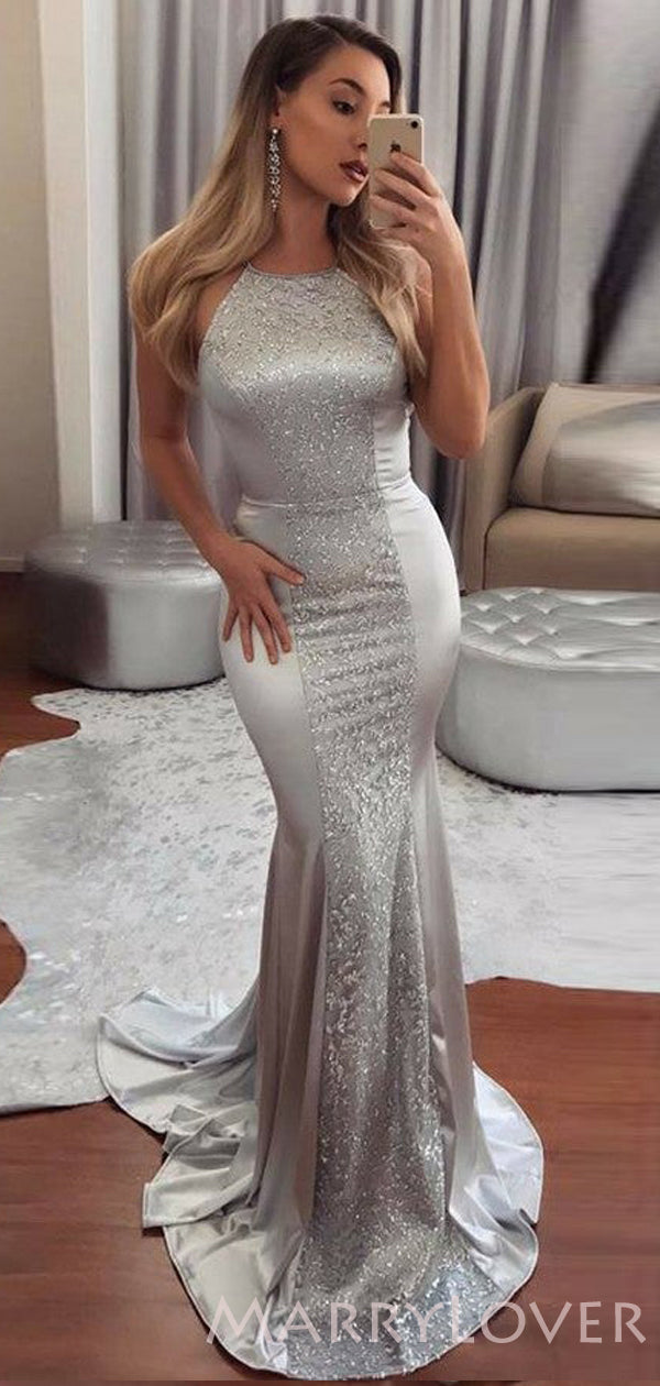 Mermaid Silver Satin Sequin Long Backless Evening Prom Dresses, MR8095 MarryLover Mermaid Silver Satin Sequin Long Backless Evening Prom Dresses, MR8095 MarryLover