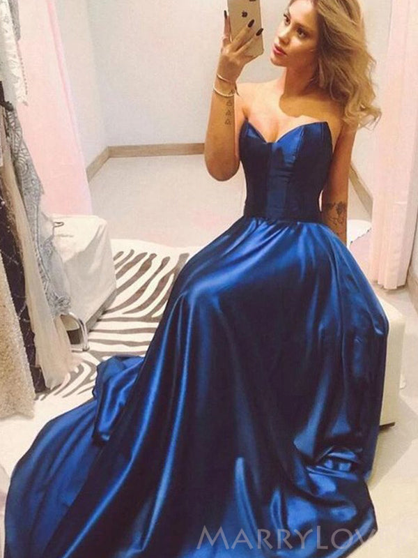 Royal Blue Satin Strapless Long A-line Evening Prom Dresses, MR8097