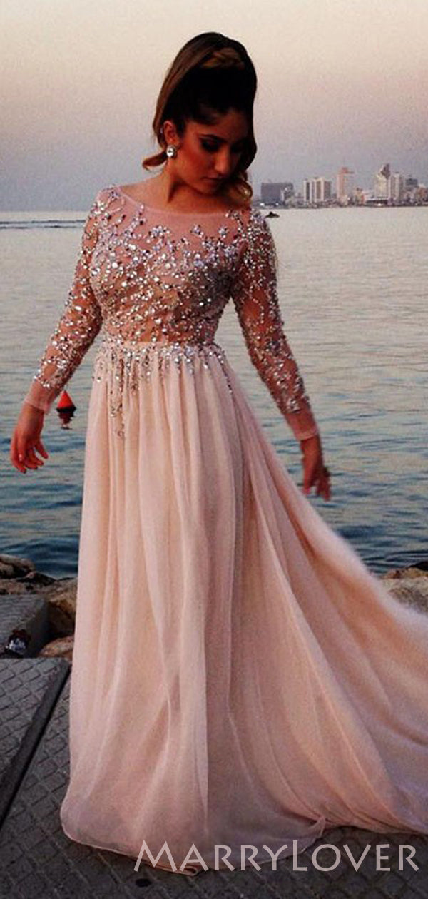 Sexy See Throuth Long Sleeves Chiffon Long Beaded Evening Prom Dresses MarryLover Sexy See Throuth Long Sleeves Chiffon Long Beaded Evening Prom Dresses MarryLover