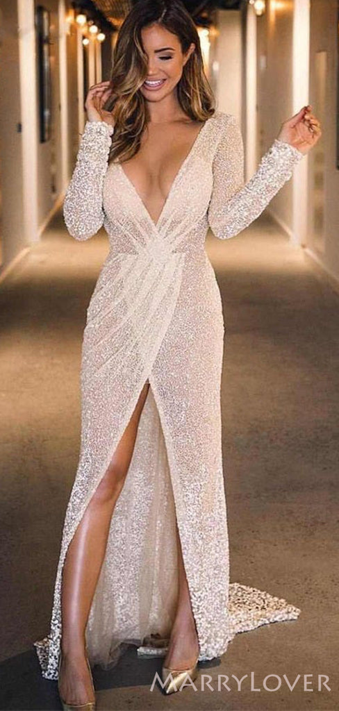 Sexy See Throuth Long Sleeves High Slit Long Sheath Evening Prom Dresses, Champagne Sequin Custom Prom Dresses, MR8101