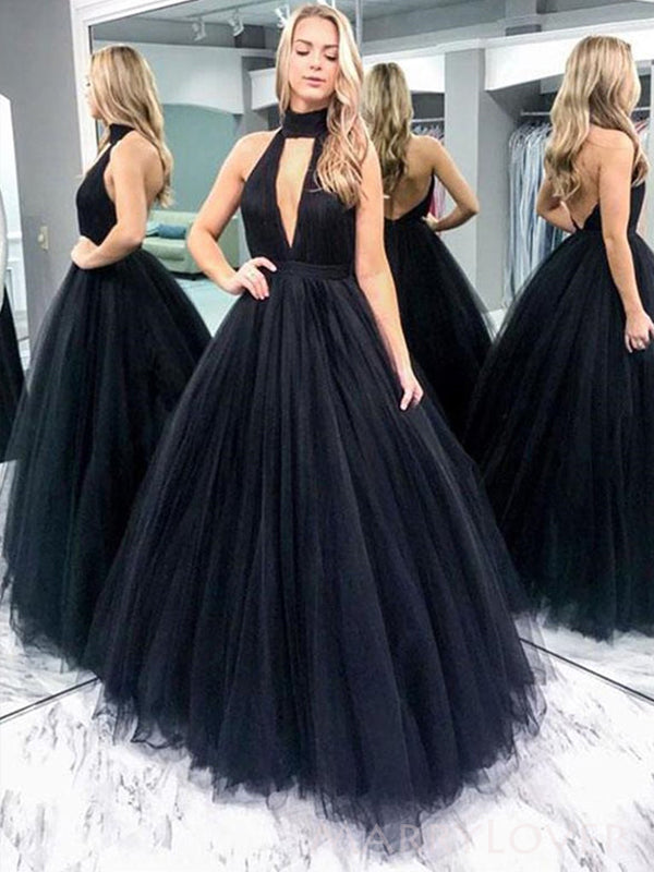 A-line Black Tulle Backless Long Halter Evening Prom Dresses, Ball Gown, MR8102