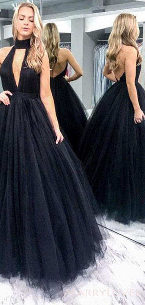 A-line Black Tulle Backless Long Halter Evening Prom Dresses, Ball Gown, MR8102
