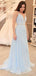 A-line Sky Blue Chiffon Beaded Long Evening Prom Dresses, MR8107