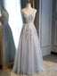 A-line Grey Tulle Appliques V-neck Long Evening Prom Dresses, MR8108