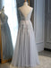 A-line Grey Tulle Appliques V-neck Long Evening Prom Dresses, MR8108