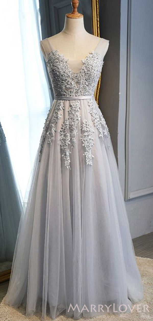 A-line Grey Tulle Appliques V-neck Long Evening Prom Dresses, MR8108 MarryLover A-line Grey Tulle Appliques V-neck Long Evening Prom Dresses, MR8108 MarryLover
