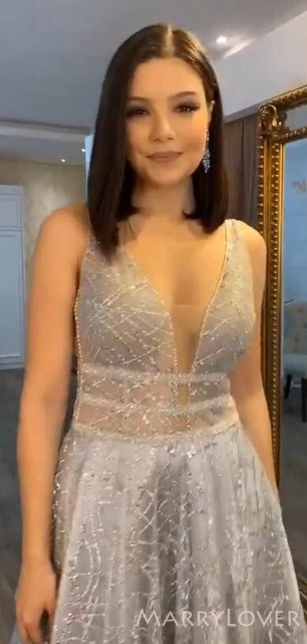 Grey Sequin Sparkly A-line V-neck Long Evening Prom Dresses, MR8109 MarryLover Grey Sequin Sparkly A-line V-neck Long Evening Prom Dresses, MR8109 MarryLover