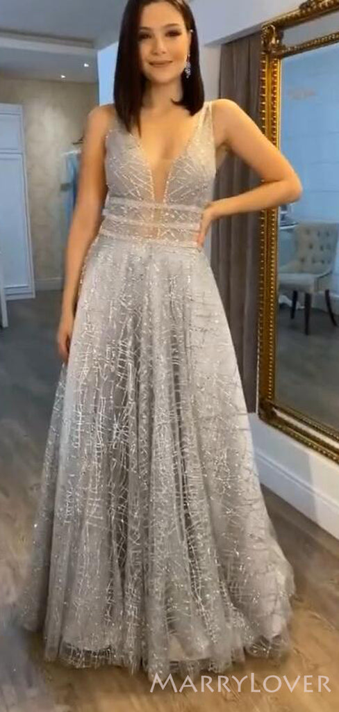 Grey Sequin Sparkly A-line V-neck Long Evening Prom Dresses, MR8109 MarryLover Grey Sequin Sparkly A-line V-neck Long Evening Prom Dresses, MR8109 MarryLover