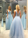 Deep V-neck Sky Blue Sequin Sparkly Long A-line Evening Prom Dresses, MR8121