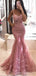 Mermaid Fuchsia Tulle Appliques Spaghetti Straps Long lace Evening Prom Dresses, MR8122