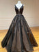 A-line Black Tulle Appliques V-neck Long Evening Prom Dresses, MR8124