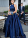 A-line Navy Blue Satin Halter Long Evening Prom Dresses, MR8127