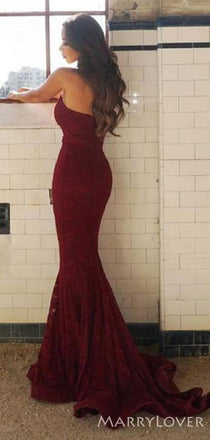 Burgundy Lace Strapless Long Mermaid Evening Prom Dresses, MR8128