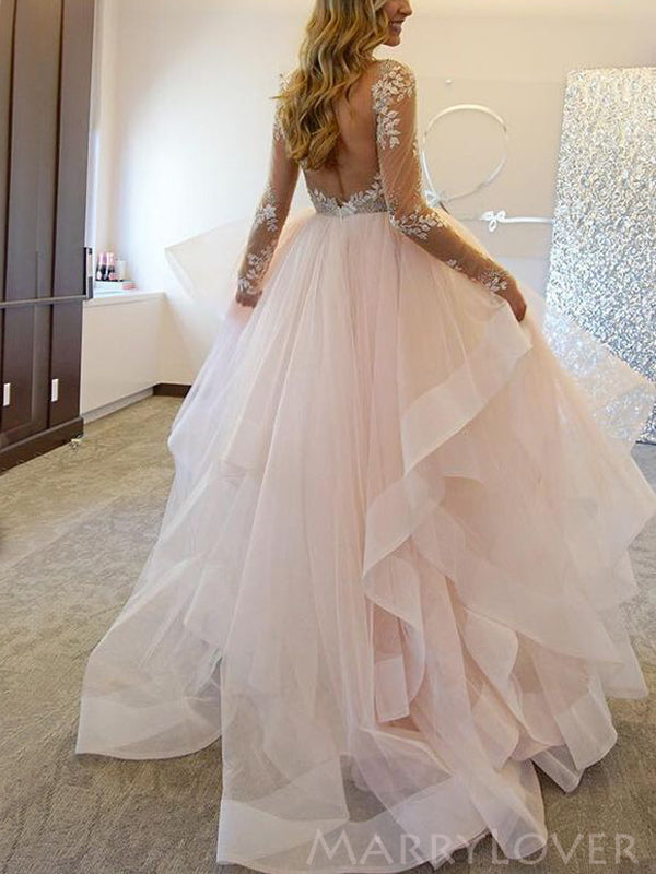 Long Sleeves A-line Pink Tulle Appliques Long Scoop Evening Prom Dresses, MR8130