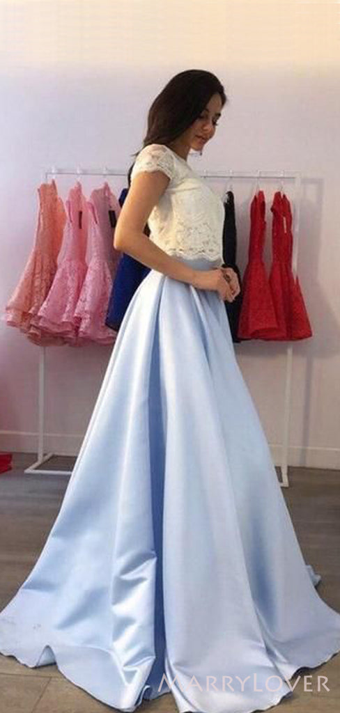 Two Pieces A-line Sky Blue Satin Lace Long Evening Prom Dresses , MR8131