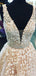 A-line Champagne Tulle Appliques V-neck Long Evening Prom Dresses, MR8141
