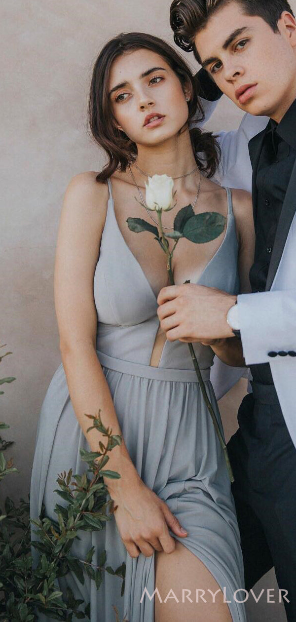 grey chiffon prom dress Grey A Line V Neck Long Appliques Tulle Prom Dress, Gray Split Long Evening Dress UQ2236